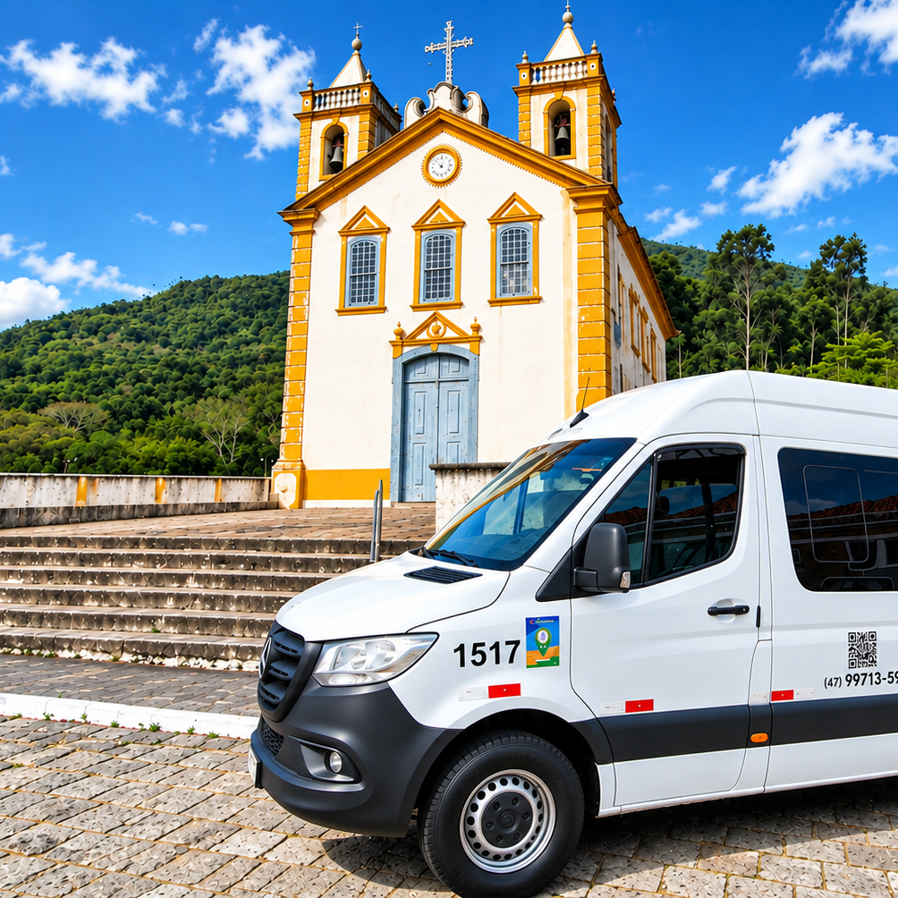 Van branca Mercedes-Benz Sprinter 416 CDI da Edu Tur SC diante de uma construção histórica.